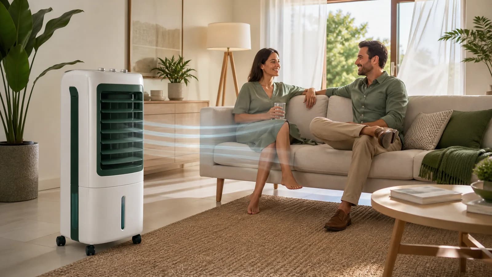 Climatizador evaporativo moderno em sala arejada com janela aberta e luz natural