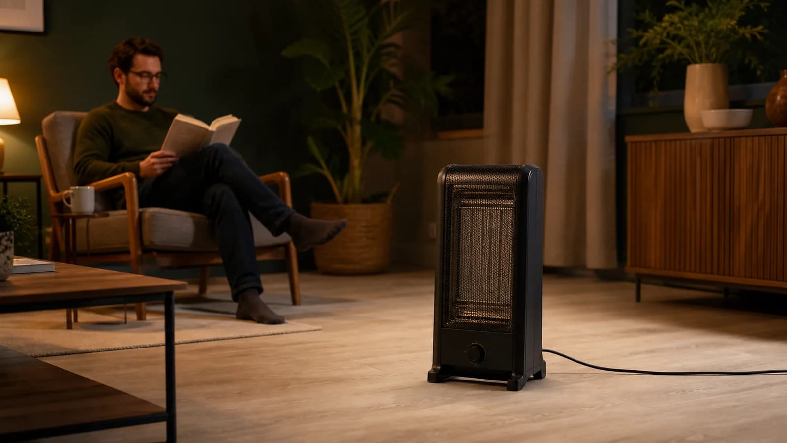 Aquecedor elétrico portátil em piso firme e afastado de cortinas, sofá e outros materiais