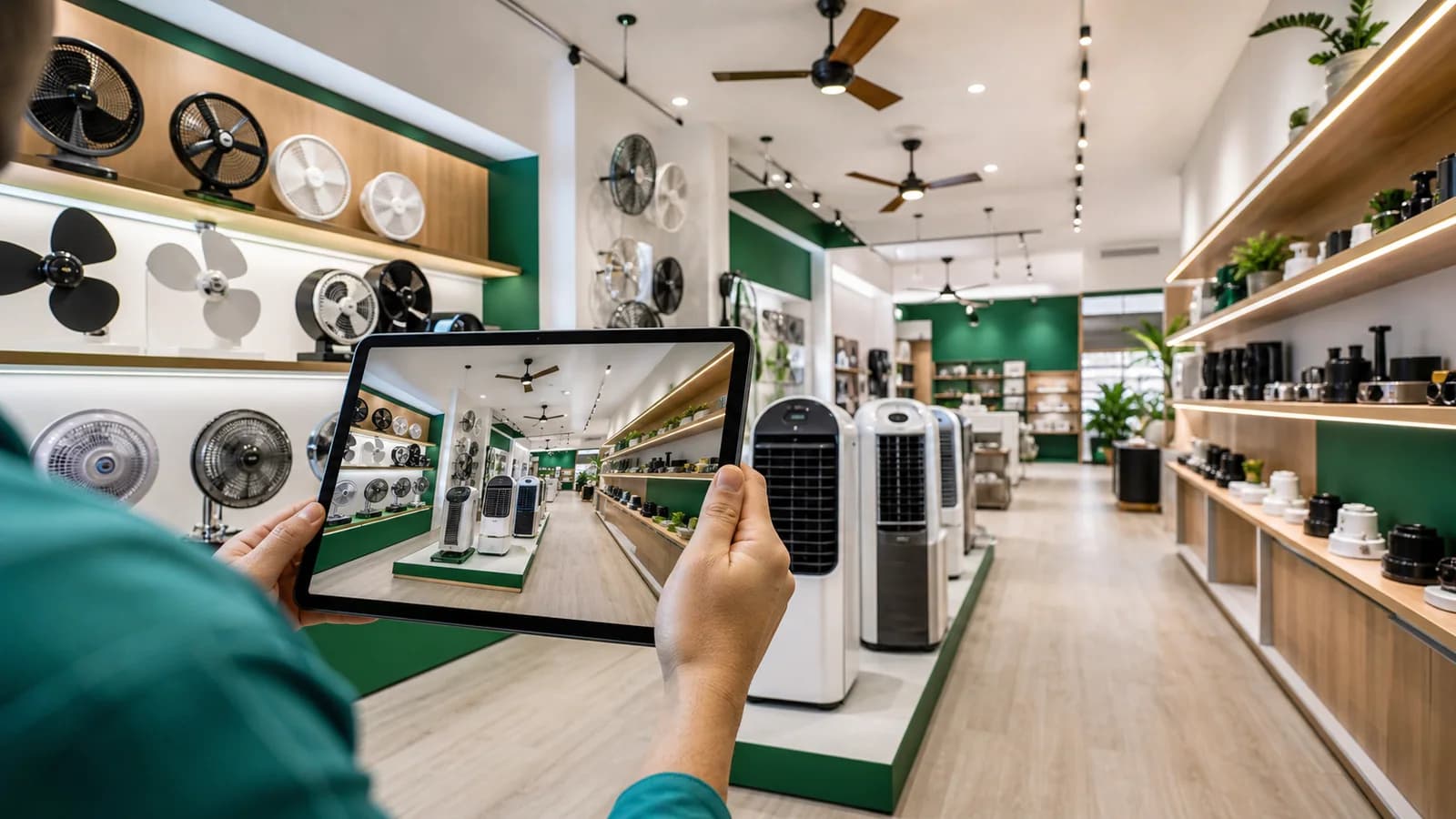 Interior organizado de uma loja especializada em ventilação com produtos expostos e atendimento no balcão