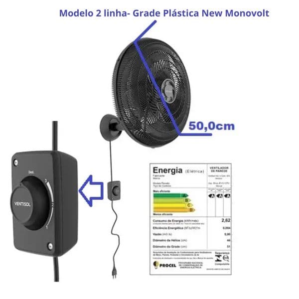 VENTILADOR DE PAREDE 050CM VENTISOL NEW MONTA FÁCIL 110V135W PRETO HEL-6PÁS G/PLASTICA CHAVE ROTATIVA