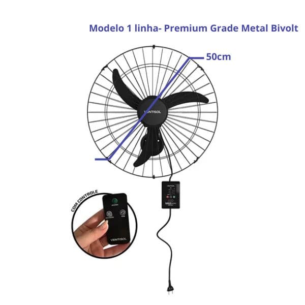 VENTILADOR DE PAREDE 060CM VENTISOL COMERCIAL 3PAS PREMIUM MAX CONTROL BIV200W PRETO G/MT C/CONTROLE DE VELOCIDADE