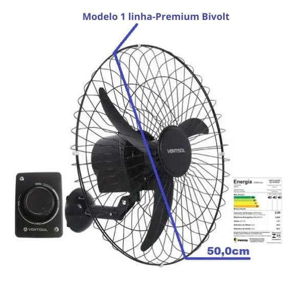 VENTILADOR DE PAREDE 050CM VENTISOL PREMIUM BIV200W PRETO HEL-3PAS G/METAL CONTROLE 3-VEL C/CAP-08,0UF