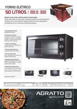 FORNO ELÉTRICO 50L 110VOLTS 1500W AGRATTO FE50L 01