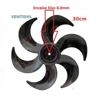 HELICE DE 30CM P/VENTILADOR VENTISOL 30CM 6PAS PRETA TURBO6 NOTOS E08,0MM FIXADA C/PORCA ROCA ESQUERDA EIXO PONTA REDONDA C/TRAVA TRASEIRA - foto 1 de 3