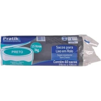 SACO PLÁSTICO P/LIXO ROLO 15 LITROS COR PRETA - PACOTE C/60 UNIDADES - PRATIK