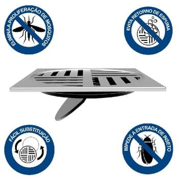 Grelha Ralo Quadrada 100mm Inox para Banheiro - Grelha Anti Dengue - Auto Fechante - Loren Protect