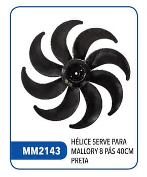HELICE DE 40CM P/VENTILADOR MALLORY 8P PLASTICA COR PRETA - EIXO 08,0MM PONTA REDONDA COM TRAVA TRASEIRA