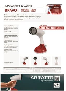 FERRO DE PASSAR PASSADEIRA PORTATIL A VAPOR BRAVO AGRATTO APAV01I-01 COR BRANCA 1250W 110V