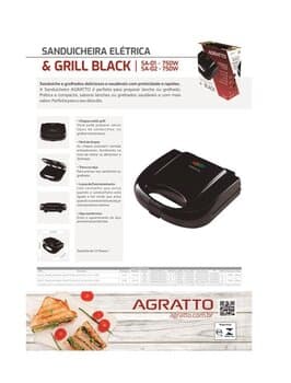 SANDUICHEIRA E GRILL AGRATTO SA-01 110VOLTS 750WATTS BLACK COR PRETA - CHAPA ANTIADERENTE - SANDUICHEIRA E GRILL ELÉTRICO 750W BLACK AGRATTO SA01