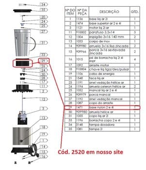 Base do Copo Liquidificador JL Colombo 2,0LT 3,5LT e 4,0-Litros A/R ou B/R - Parte da Jarra Trituradora Redeonda em Nylon cor Preta