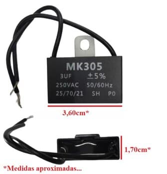 CAPACITOR 003,0UF 2FIOS QD 250VAC CBB61T 010733 - P/VENTILADOR ARNO TURBO SILENCIO/ EXAUSTOR VENTISOL 50CM 220VOLTS