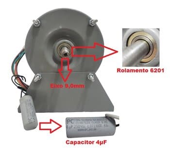 MOTOR P/CLIMATIZADOR EBONE BIV04,0UF - FOG3 LADO/DISCO PULVERIZANTE EIXO ROSCA 9,0MM - 165W 1/5CV 2P 3500RPM - VENT AIR-779 - MUNDIAL BRYSA/ MIST-FAN - REAL CLIMATIZADORES