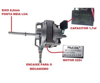 MOTOR P/VENTILADOR OSCILANTE VENTI-DELTA DE MESA TURBI 30CM 220V - EIXO 8MM - MOTOR PARCIAL C/ESTATOR BOBINADO REF:MF7516223VD021