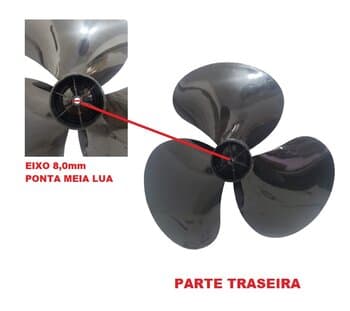 HELICE DE 40CM P/VENTILADOR QUALITAS 40CM 3PAS COR PRETA - ENCAIXE 08,0MM PONTA MEIA LUA FIXADA C/PRESSAO E TRAVA TRASEIRA