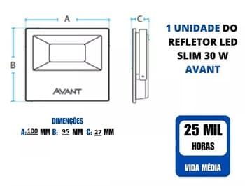 REFLETOR LED 30W BIVOLT 6500K LUZ BRANCA - METAL PRETO DURABEM-39025 / AVANT-29869