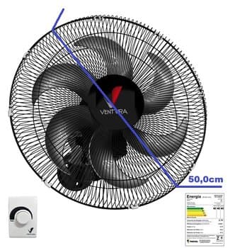 VENTILADOR DE PAREDE 050CM VENTI-DELTA VENTURA BIV150W PRETO HEL-6PÁS G/METAL CONTROLE DE VELOCIDADE