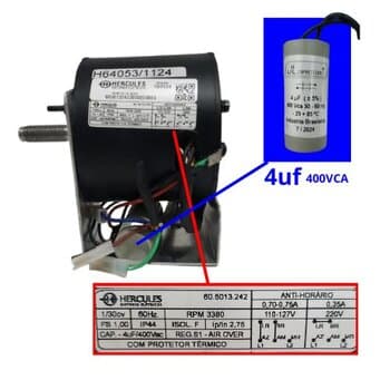 MOTOR P/CLIMATIZADOR JOAPE BIVOLTS - BOB/ BOB SUPER - MOTOR LADO DO DISCO EVAPORADOR - MOTOR HERCULES 1/30 2P 110V/220V