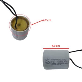 CAPACITOR 040,0UF 2FIOS RD 250VAC P/PORTĂO ELETRÔNICO - FIXO DE PROLIPR. 50/60HZ 40,0X250 - P/MOTOR PORTĂO DE ELEVAÇĂO