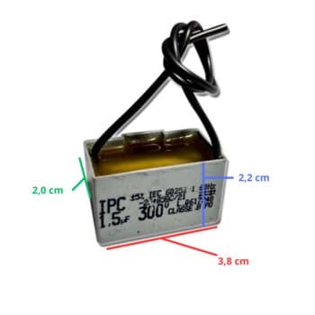 CAPACITOR 001,5UF 2FIOS QD 400VAC - P/VENTILADOR DE TETO FANAWAY 220V / VENTILADOR VENTISOL 50CM MX BIV200