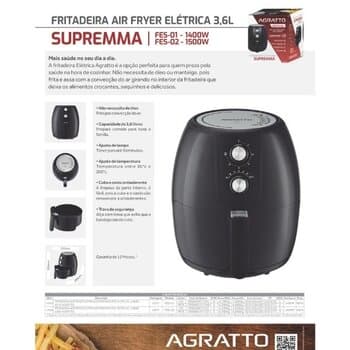 FRITADEIRA ELÉTRICA SUPREMMA FESV-01 PRETA 3,6L 1400W 110V AGRATTO - AIR FRYER FRITADEIRA SEM ÓLEO