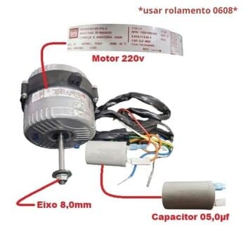 MOTOR P/CLIMATIZADOR ULTRAAR 220V05,0UF - ULTRA55LT ULTRA80LT ULTRA80LT-DOUBLE 1350RPM 1/10CV 250W - LADO/HÉL G/H E-08,0MM PML R/ESQ ROL-0608