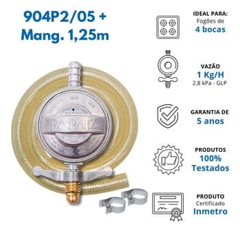 Regulador Registro para Gás 1Kg/h 904P2 Papaiz c/Mangueira 125cm