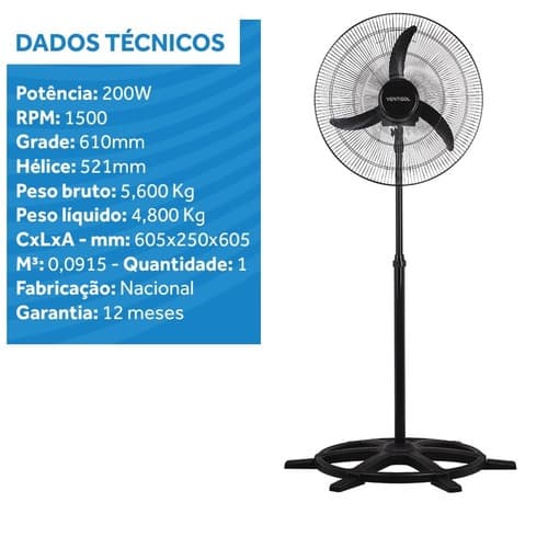 VENTILADOR DE COLUNA 060CM VENTISOL BIV200W03,5UF OSC. COMERCIAL PRETO HEL-3PAS G/METAL - C/CONTROLE DE 3-VELOCIDADES