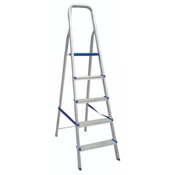ESCADA DE ALUMINIO DOMESTICA 05 DEGRAUS - F1,69 / A1,56 / PATAMAR 110CM / PESO 3,28KG - REAL ESCADAS RESIDENCIAIS C/ALCA LONGA P/MELHOR APOIO
