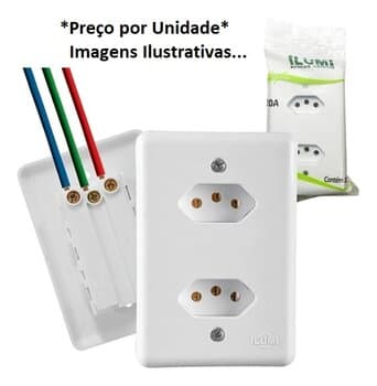 Conjunto Tomada Elétrica Dupla 2P+T 20A com Trava Pino de 10 Amperes - cor Branca - Ilumi Stylus MonoBloco Ref.201210 - Fácil Instalaçăo