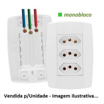 Conjunto Tomada Elétrica Tripla 2P+T 20A com Trava p/Pino 10Amperes - cor Branca - Ilumi Stylus Monobloco Ref.87124 - Fácil Instalaçăo