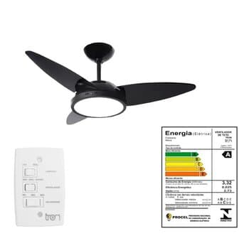 VENTILADOR DE TETO TRON NEW LYKAN 110V 130W COR PRETA 3PÁS PL LUMINÁRIA LED24W 6000K LUZ BRANCA CHAVE 3VEL - LINHA LED