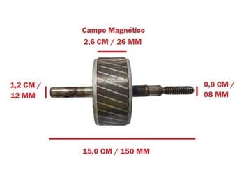 ROTOR COM EIXO ROSCA EXTERNA - ENCAIXE HEL-12MM C/TRAVA TRASEIRA - P/MOTOR VENTILADOR SOLASTER VENEZA 70 CM - CAMPO MAGNÉTICO 26,0MM / COMPRIMENTO150MM