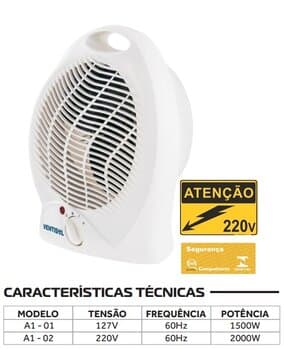 AQUECEDOR ELÉTRICO PORTÁTIL A1-02 220V VENTISOL TERMOVENTILADOR 0750-1500W - AQUECEDOR DE AMBIENTES C/RESISTĘNCIA 2-VEL - (OCP-0040 SGS)