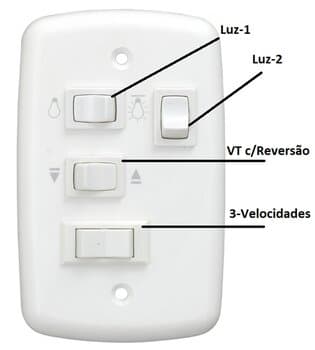 CHAVE P/VENTILADOR DE TETO R2LUZ 3VEL C/CAP.08,5UF 3,5+5,0MF C/REVERSĂO + 2-TECLAS LUZ - P/LOREN SID LUMI M3 TRON AVENTADOR LYKAN MARBELA 110VOLTS - foto 1 de 3