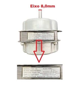MOTOR P/CLIMATIZADOR VENTISOL 220V01,2UF - CLM10LT 65-75W YSZ-50 1250RPM 60HZ - LADO/HÉL G/H E08MM PML - C/CAP