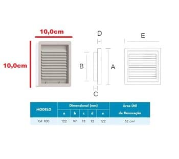 GRADE VENEZIANA 10X10CM 100MM 4-POLEGADAS P/VENTILAÇĂO DE SUPERFÍCIE - GRELHA PLÁSTICA EXTERNA FIXA PARA SAÍDA DE AR - GF100