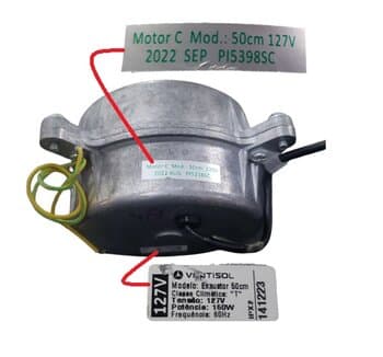 MOTOR P/EXAUSTOR VENTISOL 50CM 110V10,0UF 150W ASY* MX 50/60HZ - E12,0MM C/TRAVA N/PONTA* - *USAR CAP.10,0UF - CLASSE CLIMATICA "T" MR1