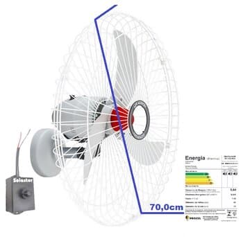 Ventilador de Parede 070cm Solaster Veneza Plus Bivolts 188/226w cor Branco/Cinza Helice 3Pas Grade Metal CHAVE Controle ROTATIVO - Ventilador Veneza 70cm