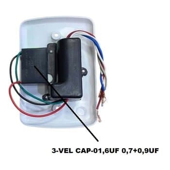 CHAVE P/VENTILADOR DE TETO 3-VEL VENTISOL 220V01,6uF ORIGINAL NEW WIND MX C/CAP-0,7+0,9uF QD 1-TECLA LUZ