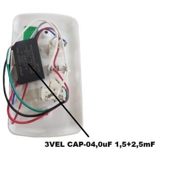 CHAVE P/VENTILADOR DE TETO 3-VEL VENTISOL 110V04,0uF ORIGINAL NEW WIND MX C/CAP-1,5+2,5uF QD 1-TECLA P/LAMP - ARGE LOREN SID VENTI-DELTA RIOPRELUSTRES SPIRIT TRON 220V