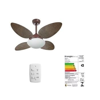 VENTILADOR DE TETO VOLARE PREMIUM CAFÉ 4PÁS FOCUS PÉTALO PALMAE RATAN TABACO 110V10,5UF 3VEL LUM.P/2-LÂMP. SOQUETE E27 - foto 1 de 3