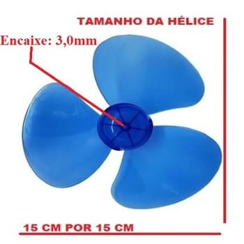 HELICE DE 15CM P/VENTILADOR VENTISOL MINI 20CM 3PAS PLASTICA COR AZUL - ENCAIXE 3,0MM PONTA REDONDA C/TRAVA TRASEIRA