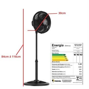VENTILADOR DE COLUNA 030CM VENTISOL TURBO 6PAS PREMIUM 110V03UF 52W PRETO HEL-CINZA EIXO 8,0MM - GRADES PLASTICAS