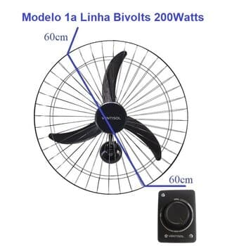 VENTILADOR DE PAREDE 060CM VENTISOL COMERCIAL 3PAS PREMIUM BIV200W PRETO G/MT CHAVE CONTROLE DE VELOCIDADE