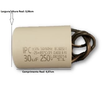 CAPACITOR 030,0UF 2FIOS RD 250VAC FIXO PPM 50/60HZ - P/PORTAO ELETRONICO DE ELEVACAO - CAP FIXO DE PROLIPR. 50/60HZ 30,0X250 - MEDIDA 32MMX61MM