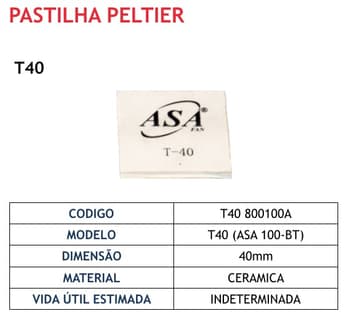 PASTILHA TERMOELÉTRICA PASTILHA PELTIER T40 12VOLTS 60WATTS - PARA ADEGAS, BEBEDOUROS E PURIFICADORES DE ÁGUA ELETRÔNICOS